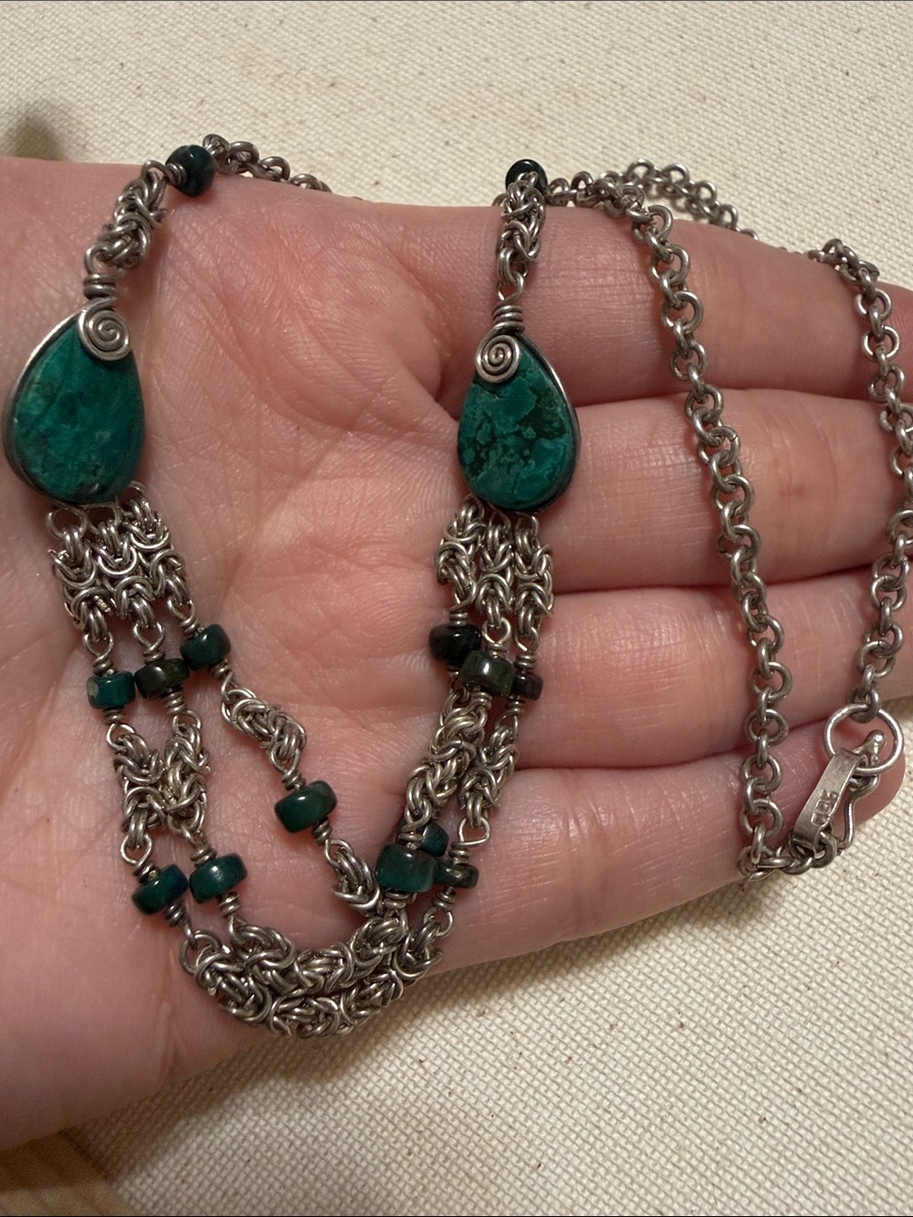 Antique Sterling silver 950 Teardrop Green Stone Multi-Chain Necklace 16.5’ in